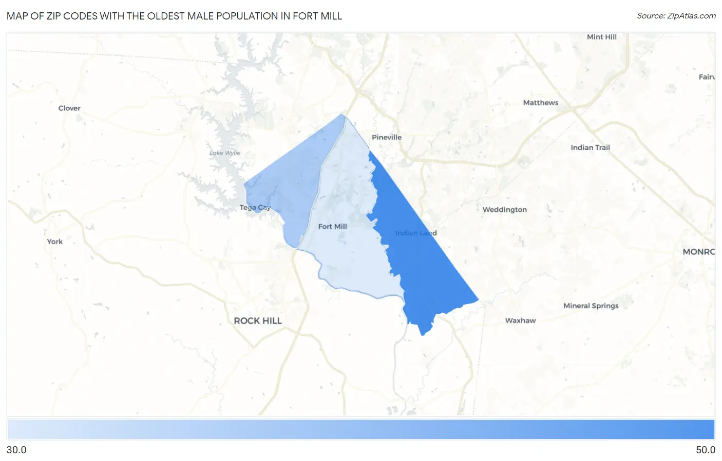 Zip Codes with the Oldest Male Population in Fort Mill Map