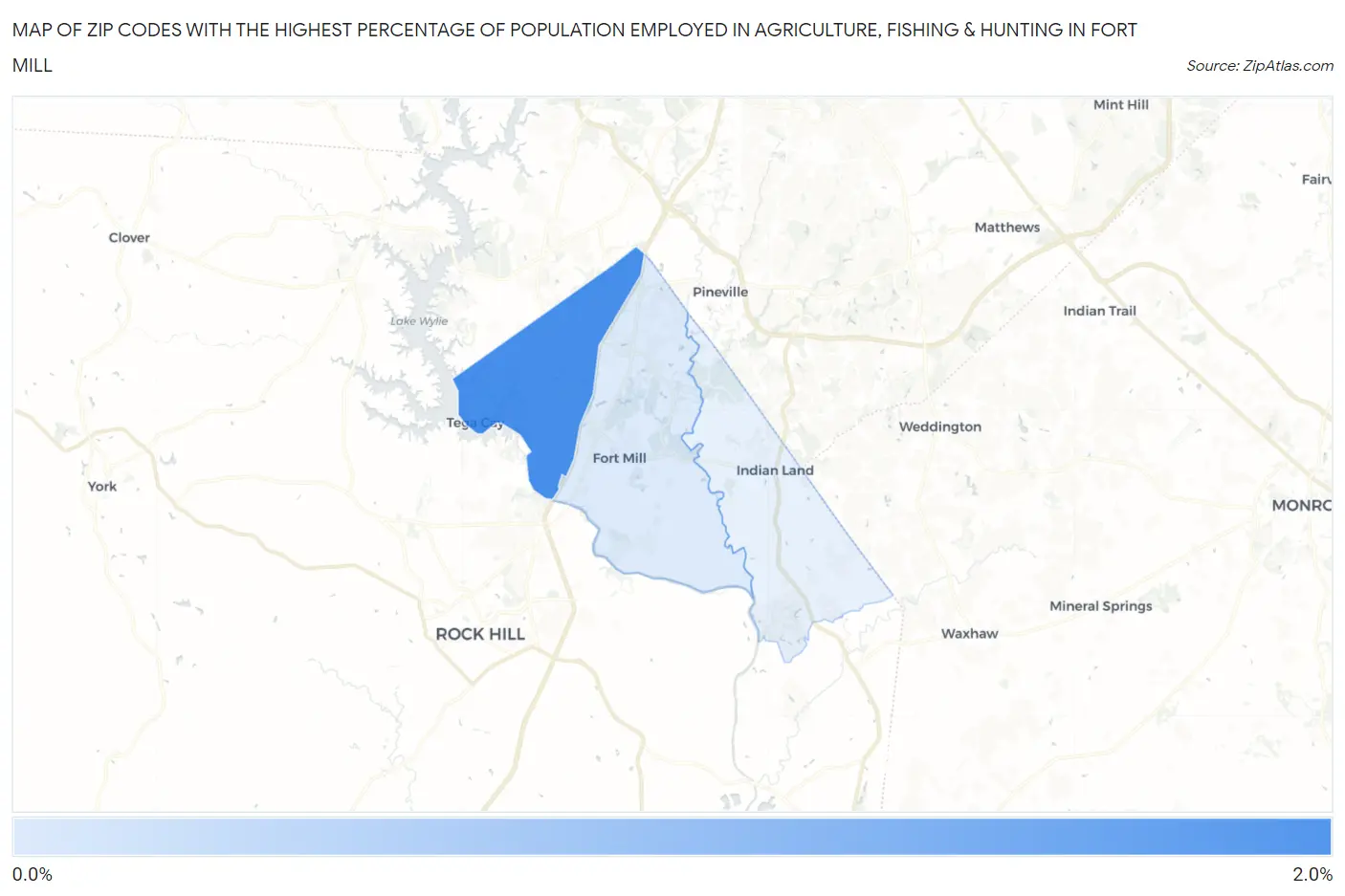 Zip Codes with the Highest Percentage of Population Employed in Agriculture, Fishing & Hunting in Fort Mill Map