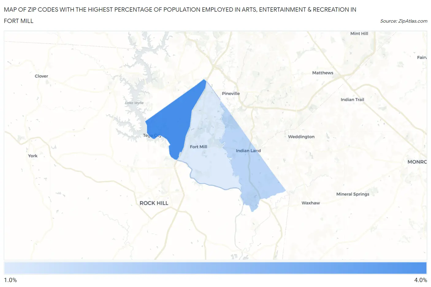 Zip Codes with the Highest Percentage of Population Employed in Arts, Entertainment & Recreation in Fort Mill Map
