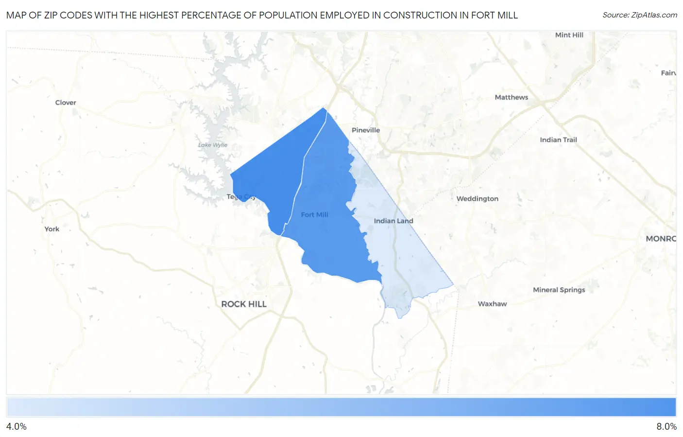 Zip Codes with the Highest Percentage of Population Employed in Construction in Fort Mill Map