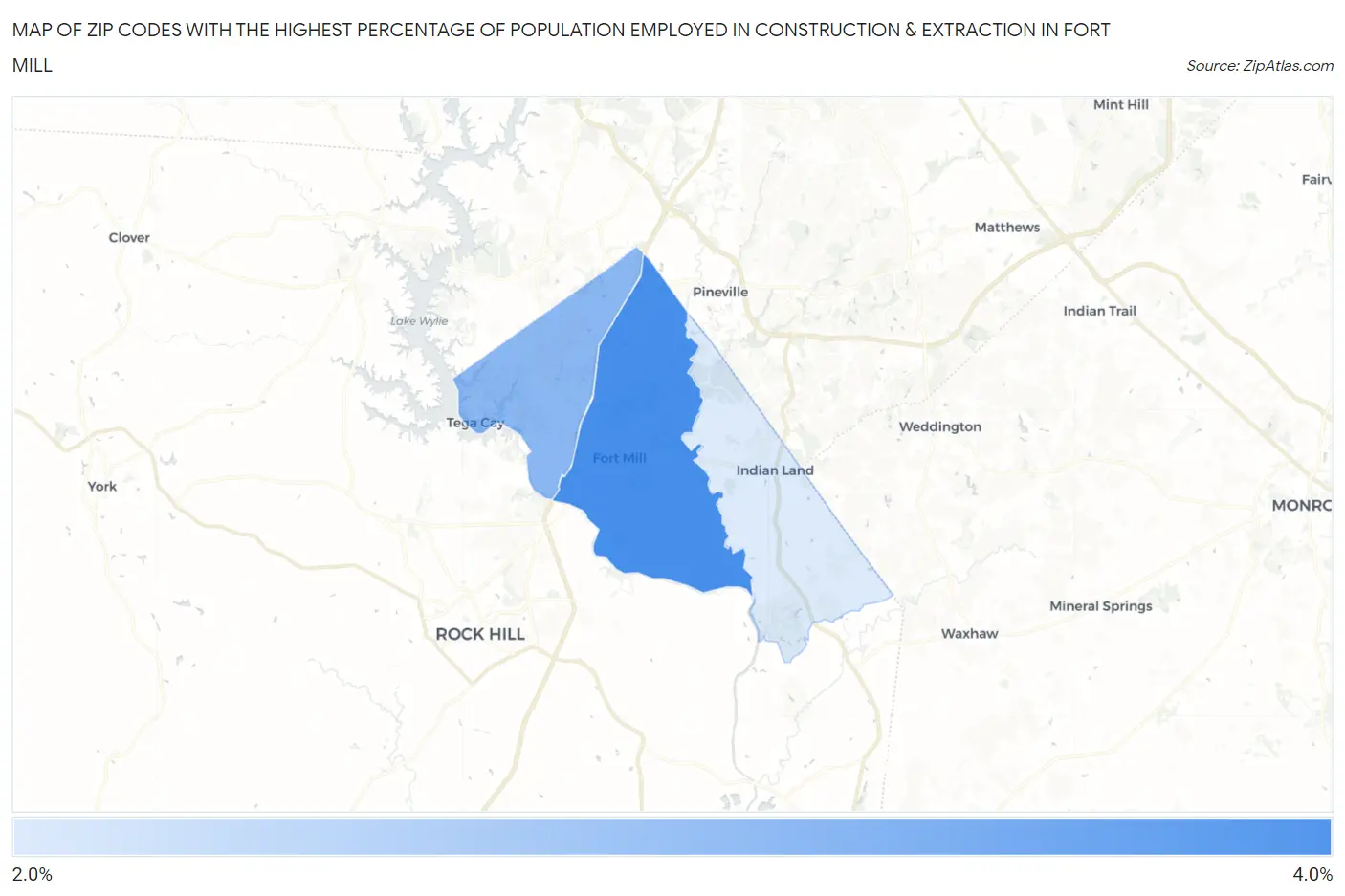 Zip Codes with the Highest Percentage of Population Employed in Construction & Extraction in Fort Mill Map
