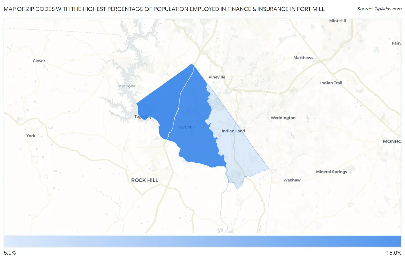 Zip Codes with the Highest Percentage of Population Employed in Finance & Insurance in Fort Mill Map