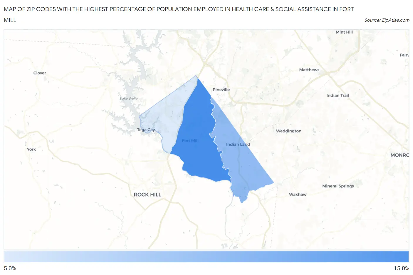 Zip Codes with the Highest Percentage of Population Employed in Health Care & Social Assistance in Fort Mill Map