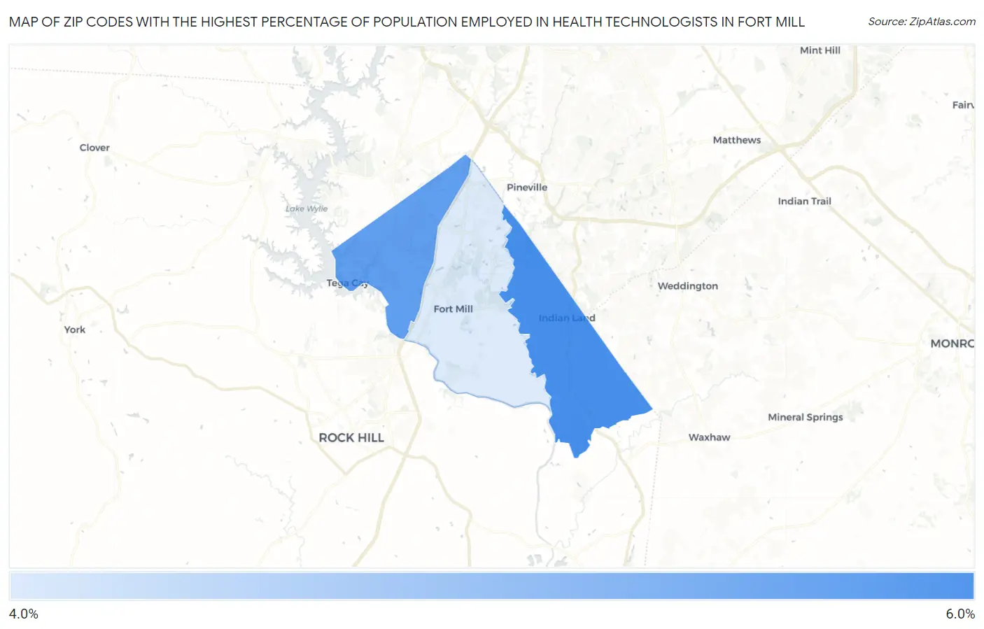 Zip Codes with the Highest Percentage of Population Employed in Health Technologists in Fort Mill Map