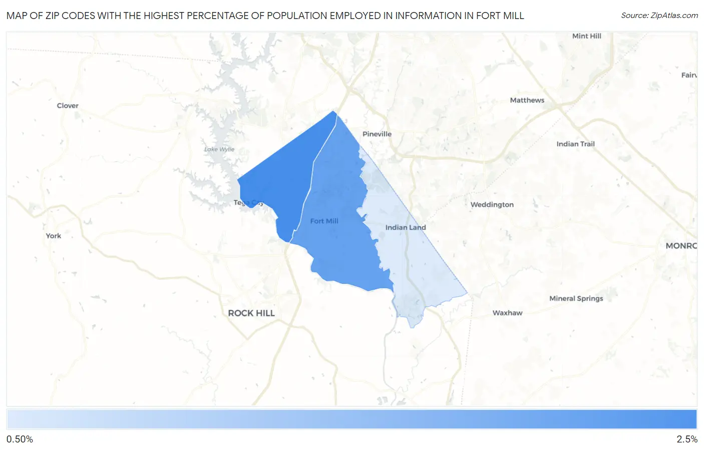 Zip Codes with the Highest Percentage of Population Employed in Information in Fort Mill Map