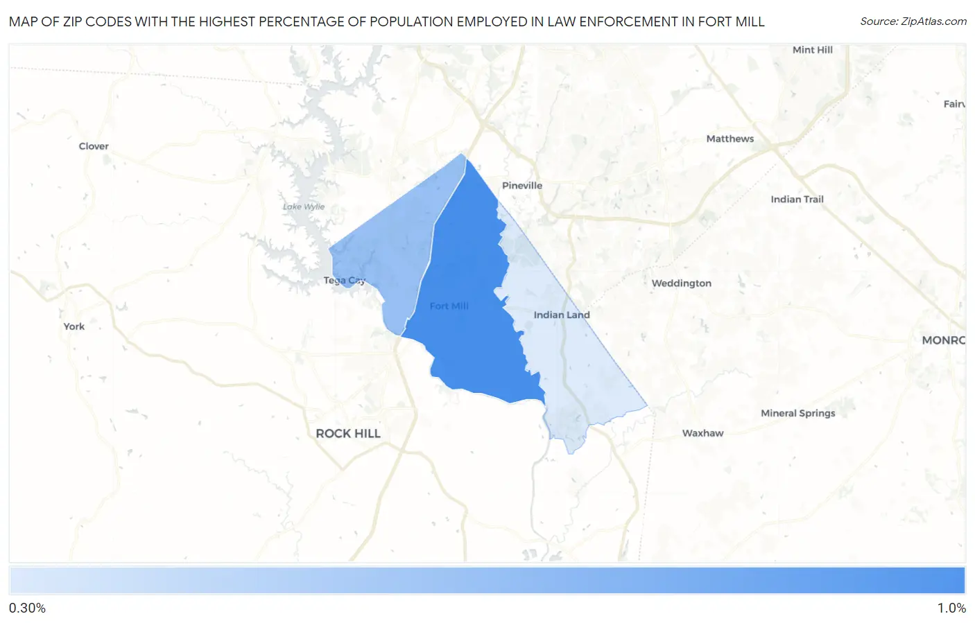 Zip Codes with the Highest Percentage of Population Employed in Law Enforcement in Fort Mill Map