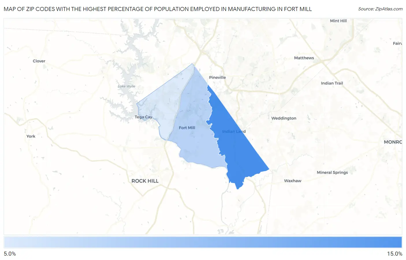 Zip Codes with the Highest Percentage of Population Employed in Manufacturing in Fort Mill Map