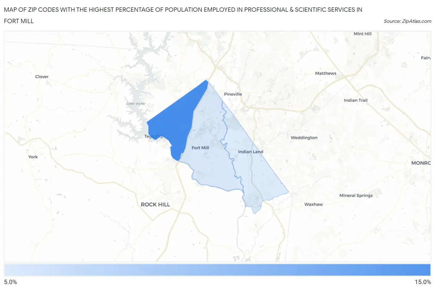 Zip Codes with the Highest Percentage of Population Employed in Professional & Scientific Services in Fort Mill Map