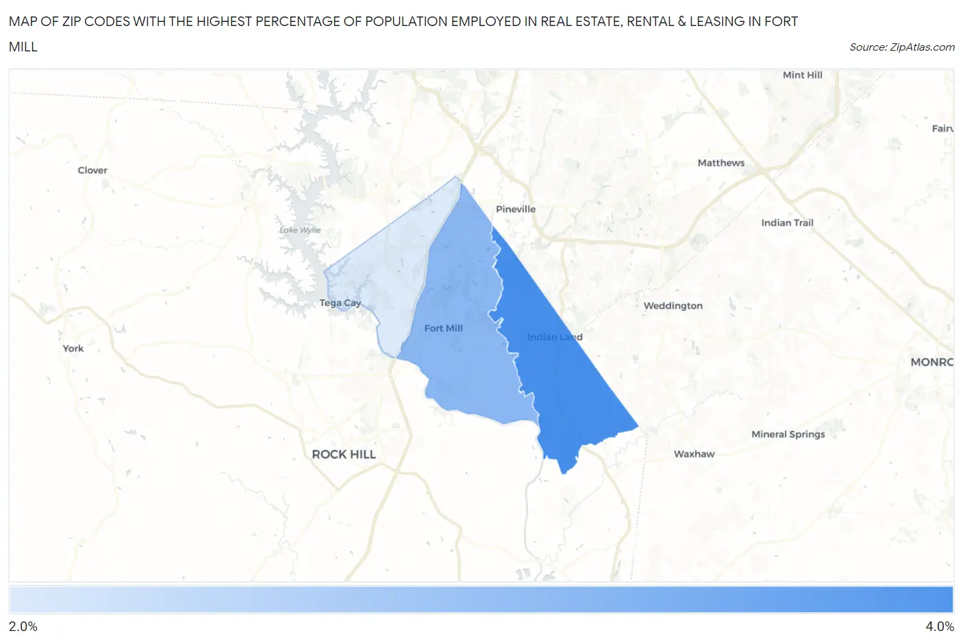 Zip Codes with the Highest Percentage of Population Employed in Real Estate, Rental & Leasing in Fort Mill Map