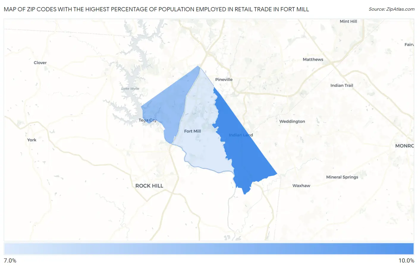 Zip Codes with the Highest Percentage of Population Employed in Retail Trade in Fort Mill Map