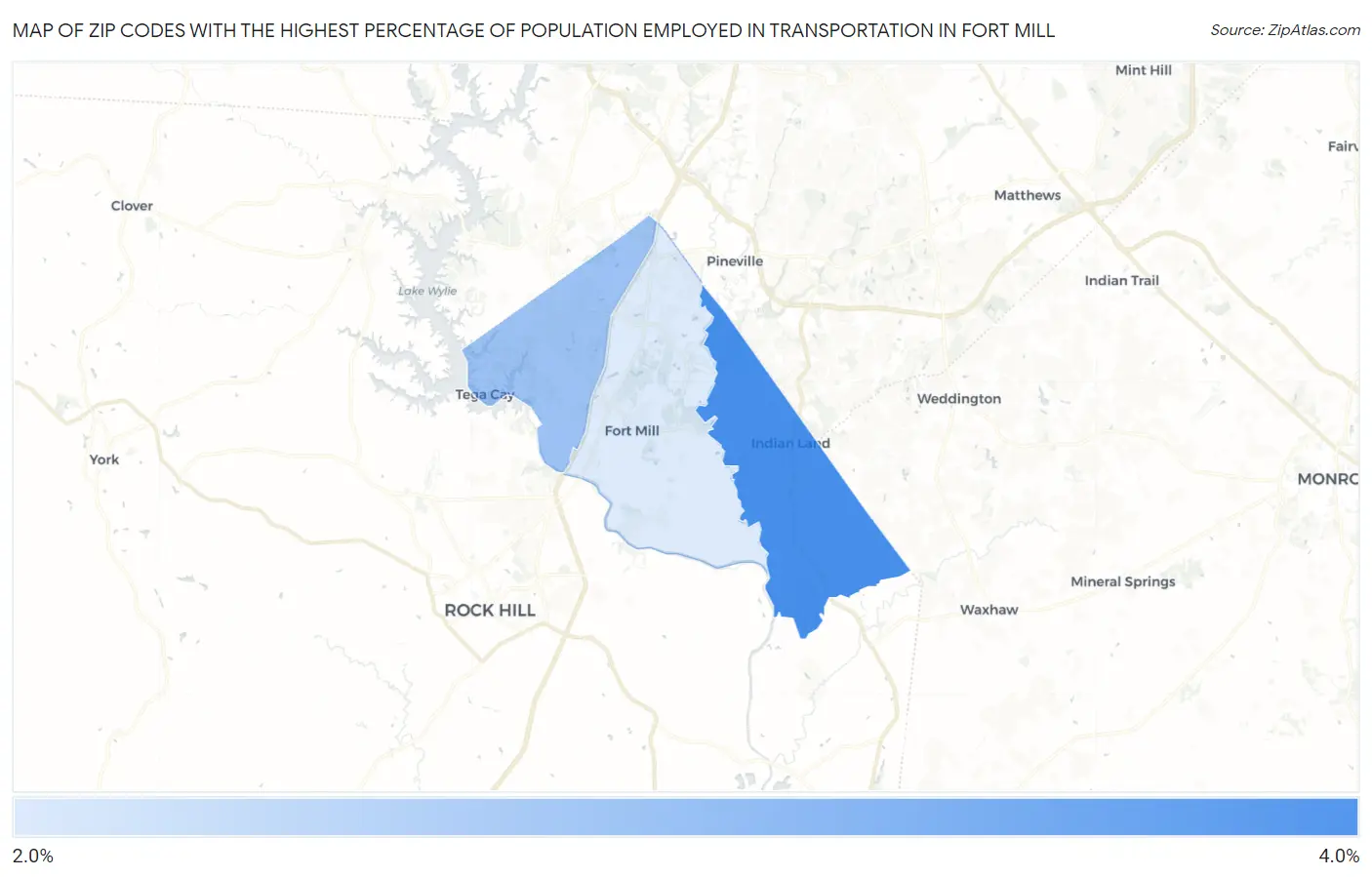 Zip Codes with the Highest Percentage of Population Employed in Transportation in Fort Mill Map