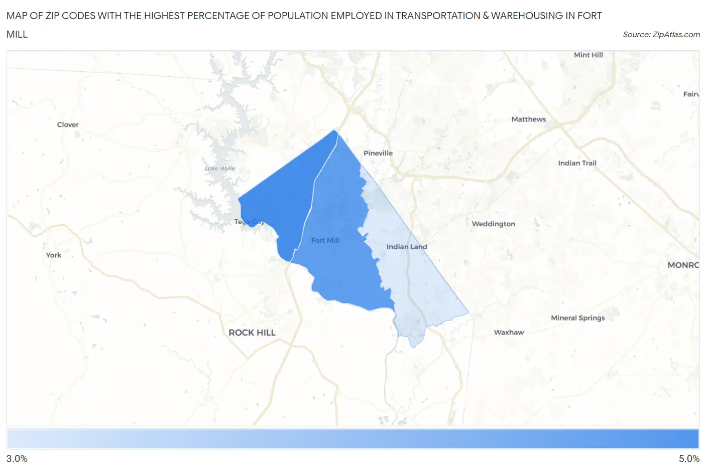Zip Codes with the Highest Percentage of Population Employed in Transportation & Warehousing in Fort Mill Map