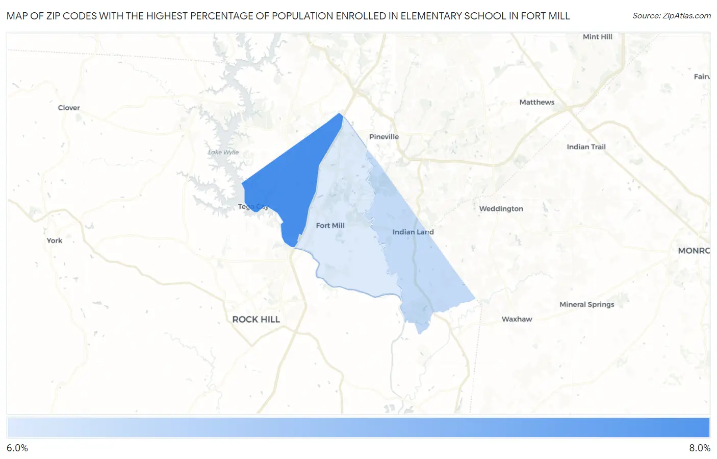 Zip Codes with the Highest Percentage of Population Enrolled in Elementary School in Fort Mill Map