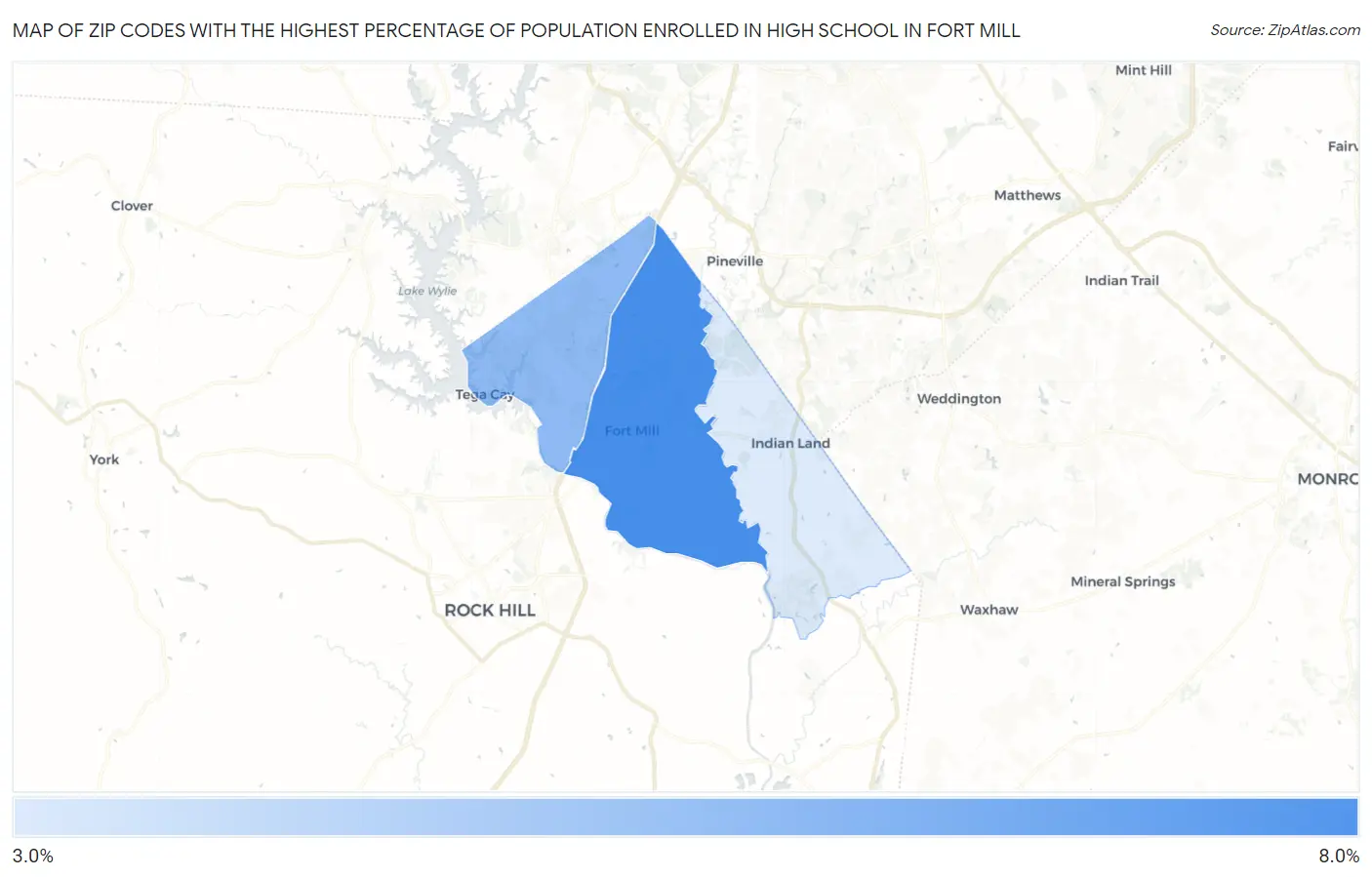 Zip Codes with the Highest Percentage of Population Enrolled in High School in Fort Mill Map