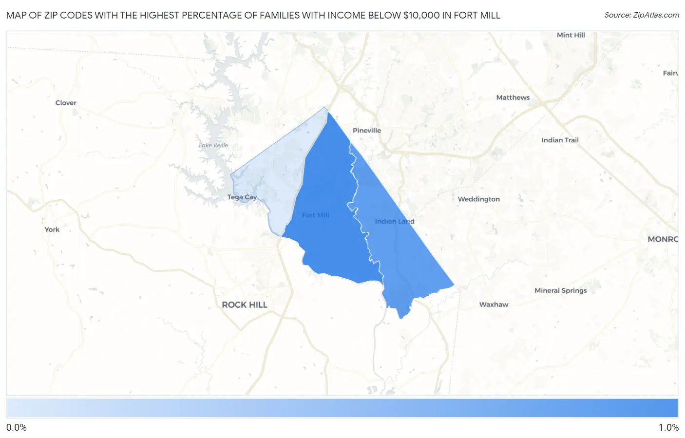 Zip Codes with the Highest Percentage of Families with Income Below $10,000 in Fort Mill Map