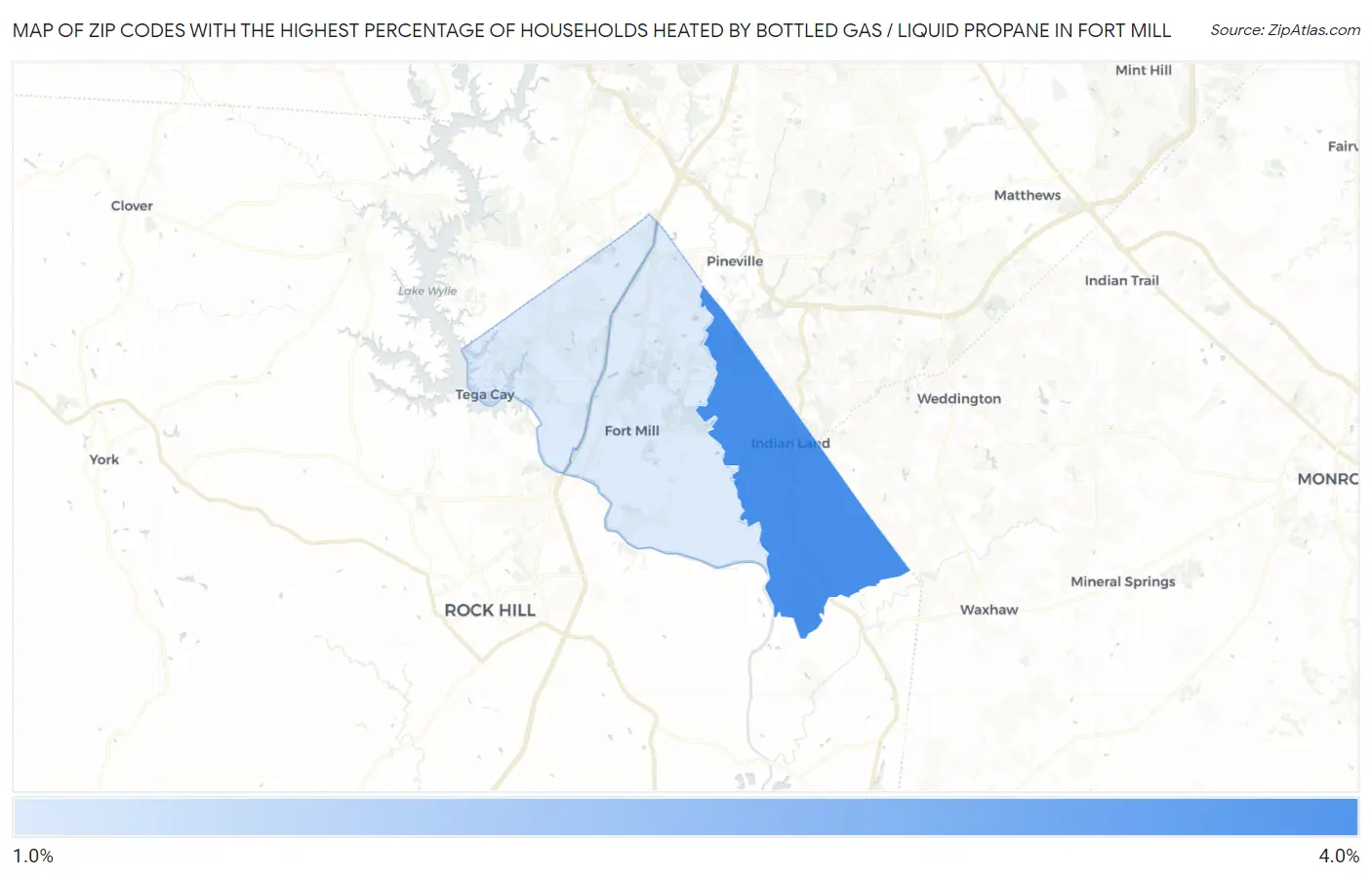 Zip Codes with the Highest Percentage of Households Heated by Bottled Gas / Liquid Propane in Fort Mill Map