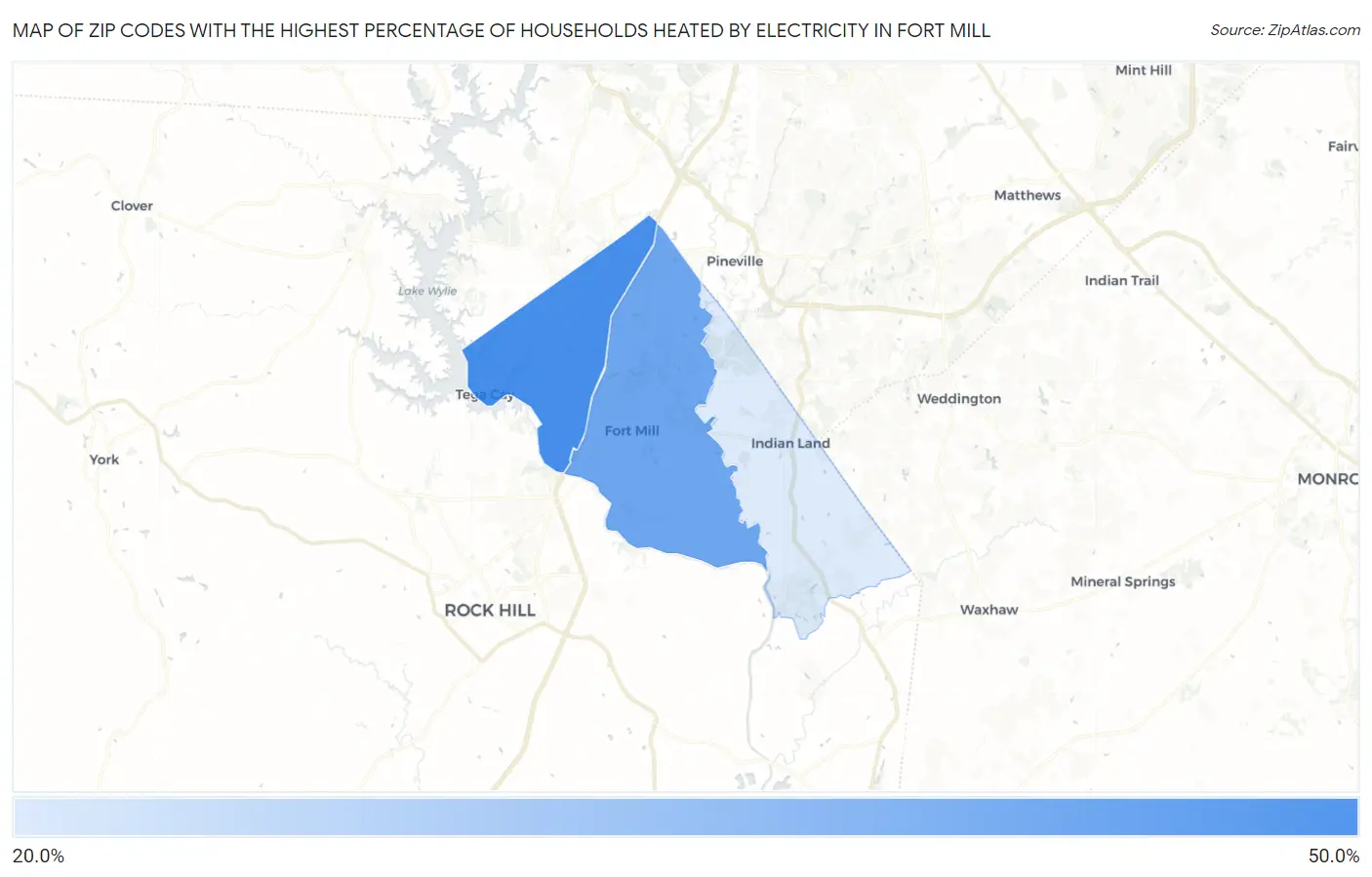 Zip Codes with the Highest Percentage of Households Heated by Electricity in Fort Mill Map