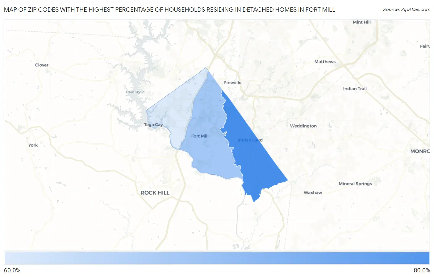 Zip Codes with the Highest Percentage of Households Residing in Detached Homes in Fort Mill Map