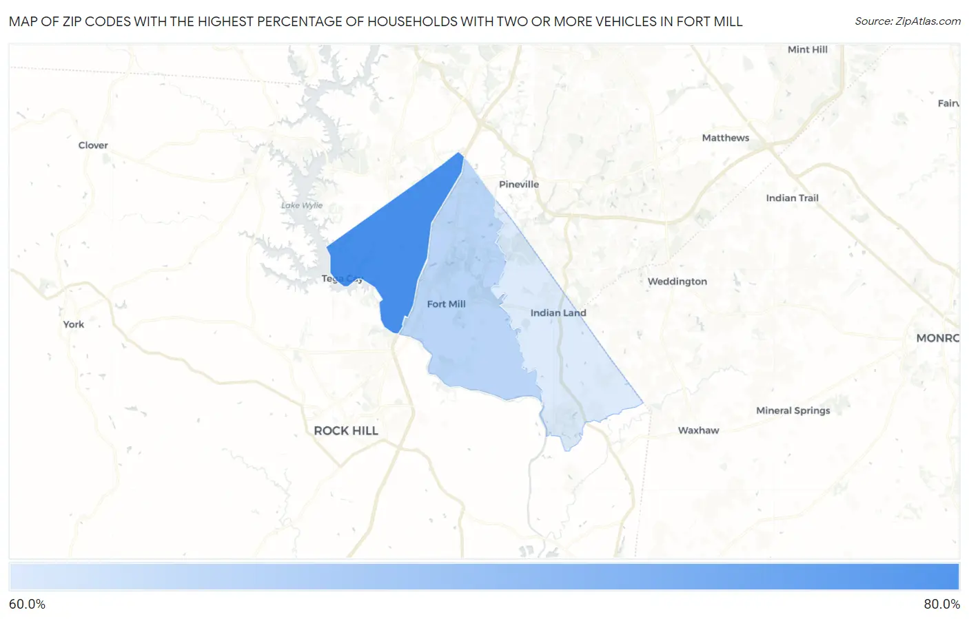 Zip Codes with the Highest Percentage of Households With Two or more Vehicles in Fort Mill Map