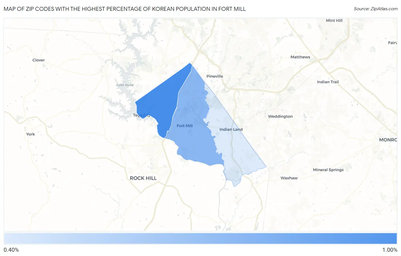 Zip Codes with the Highest Percentage of Korean Population in Fort Mill Map