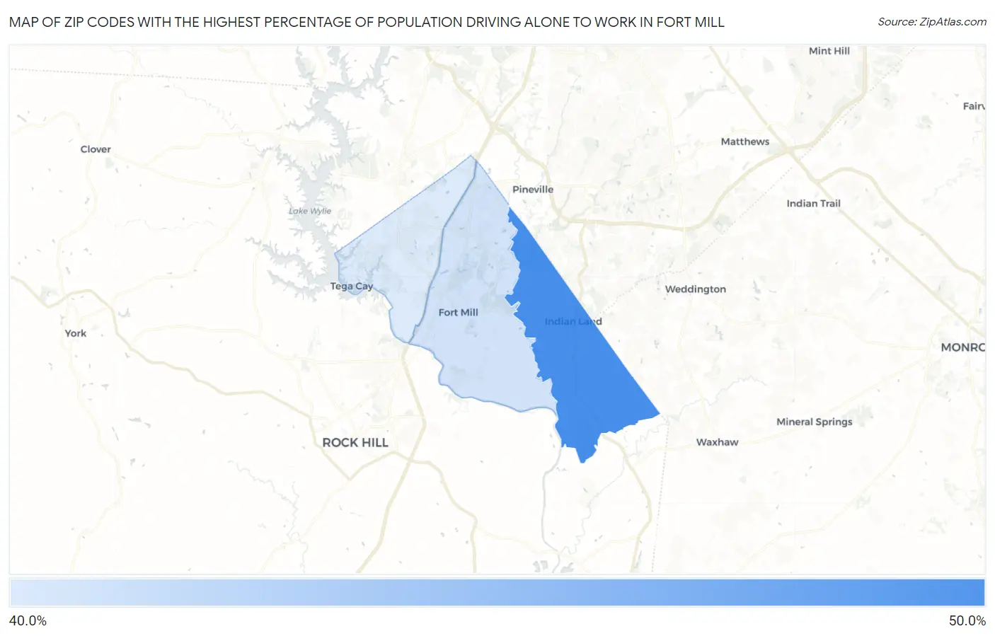 Zip Codes with the Highest Percentage of Population Driving Alone to Work in Fort Mill Map