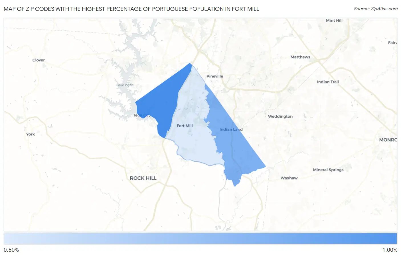 Zip Codes with the Highest Percentage of Portuguese Population in Fort Mill Map