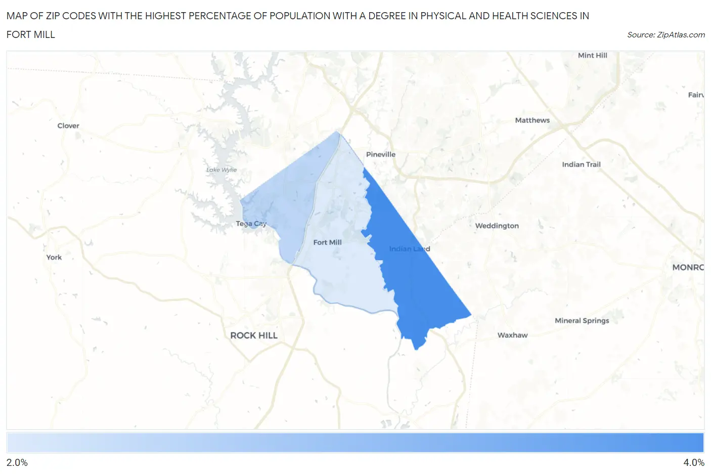Zip Codes with the Highest Percentage of Population with a Degree in Physical and Health Sciences in Fort Mill Map