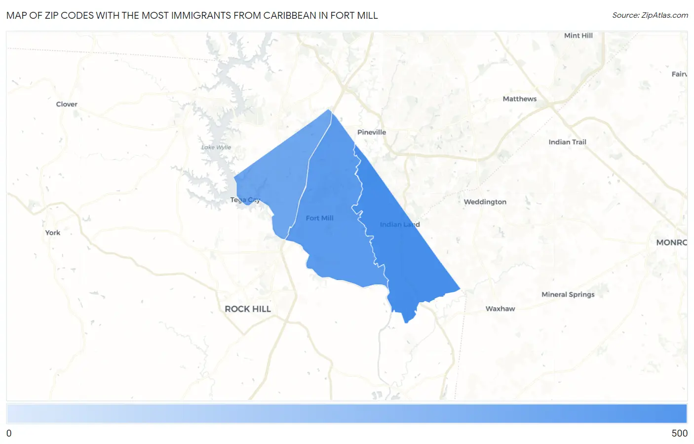 Zip Codes with the Most Immigrants from Caribbean in Fort Mill Map