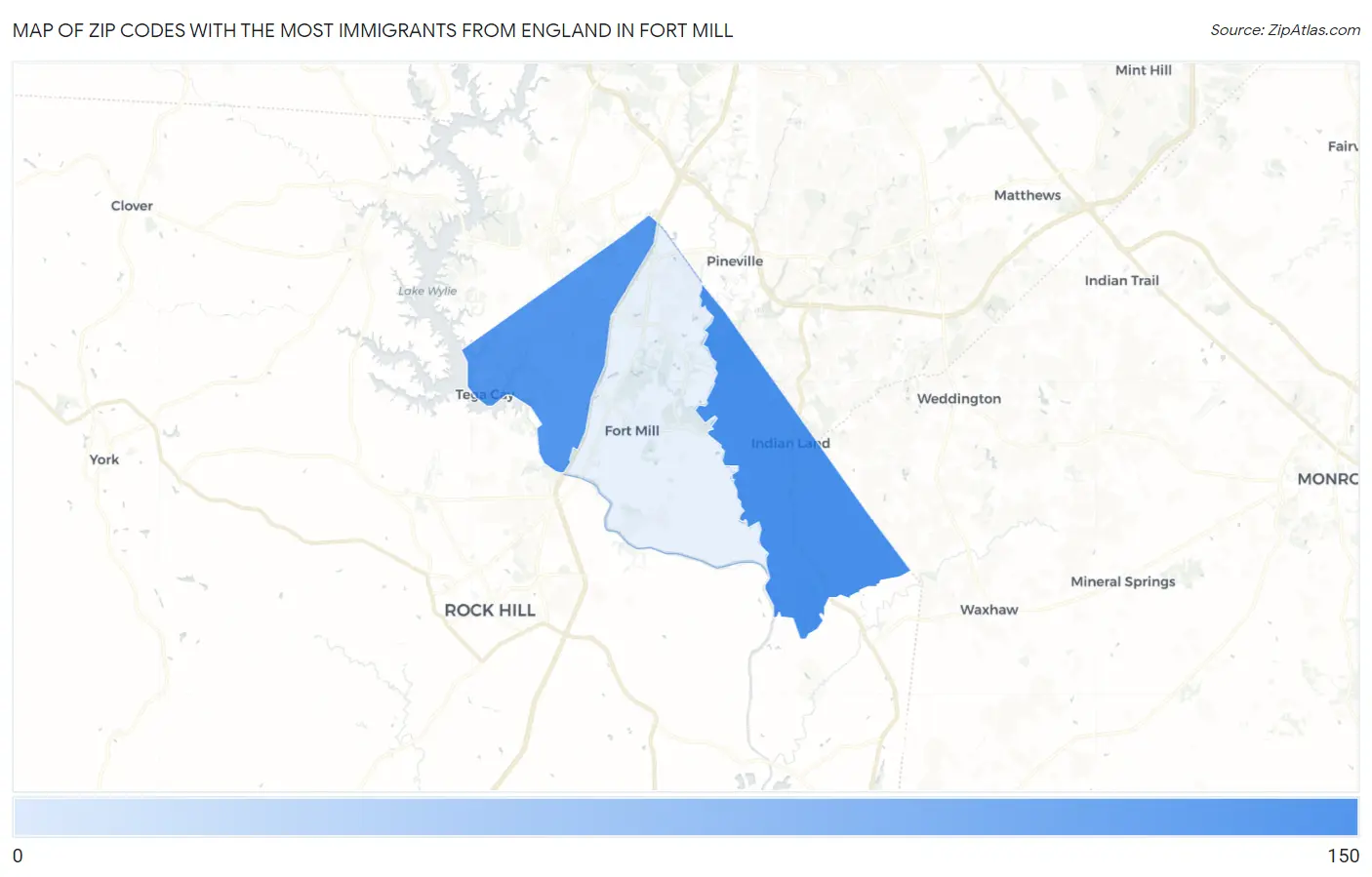Zip Codes with the Most Immigrants from England in Fort Mill Map