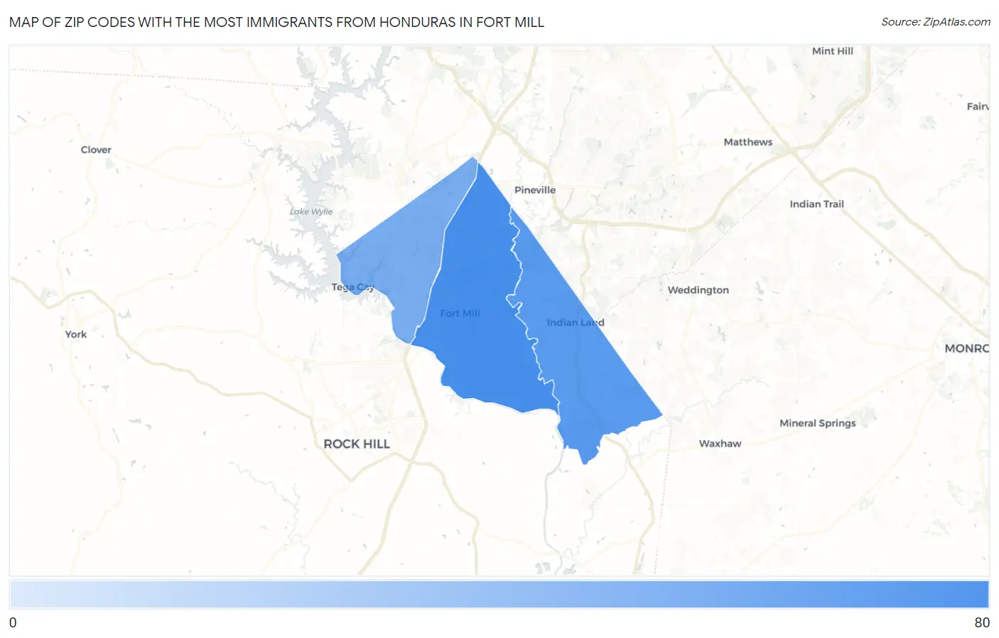 Zip Codes with the Most Immigrants from Honduras in Fort Mill Map