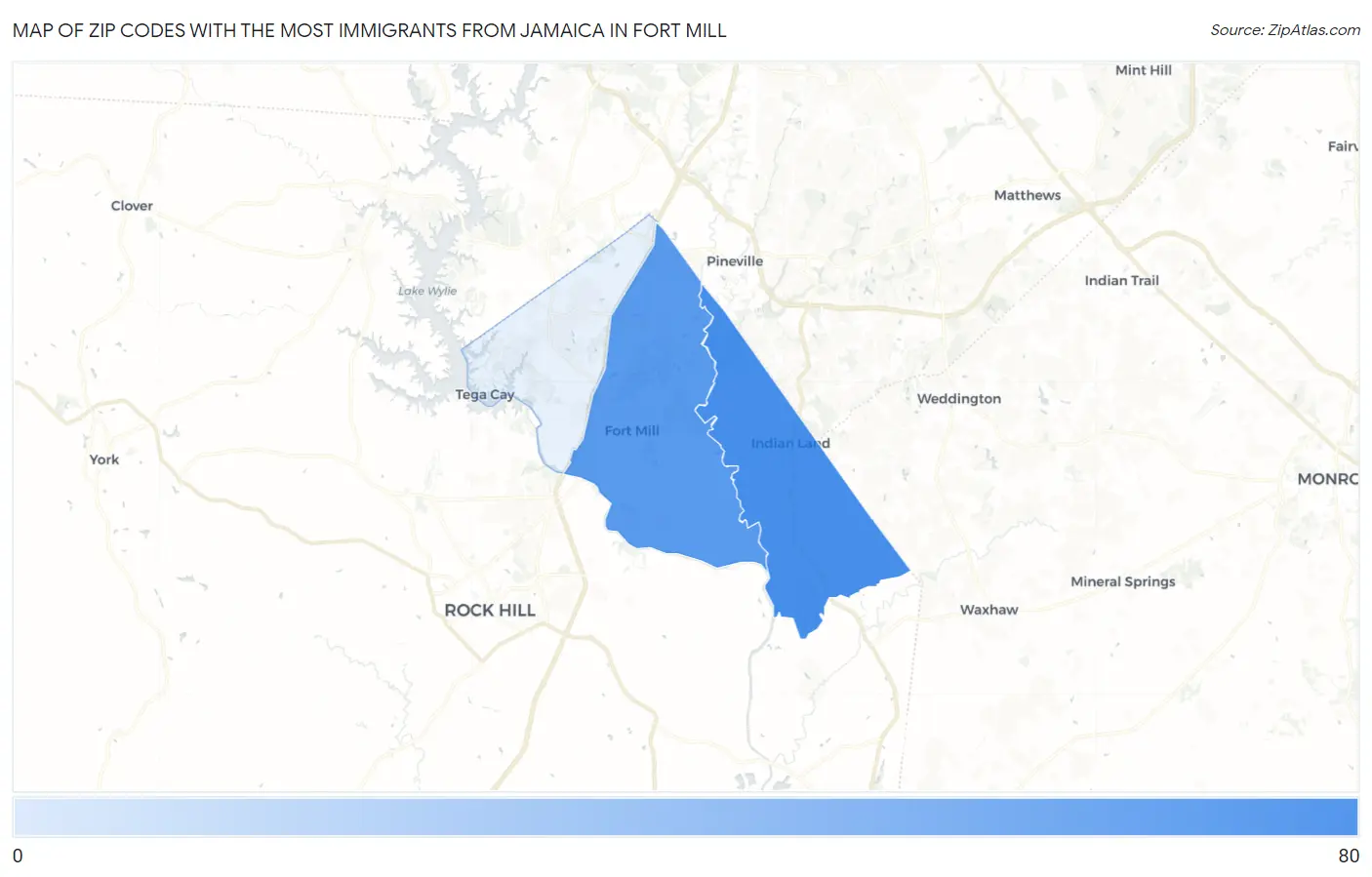 Zip Codes with the Most Immigrants from Jamaica in Fort Mill Map