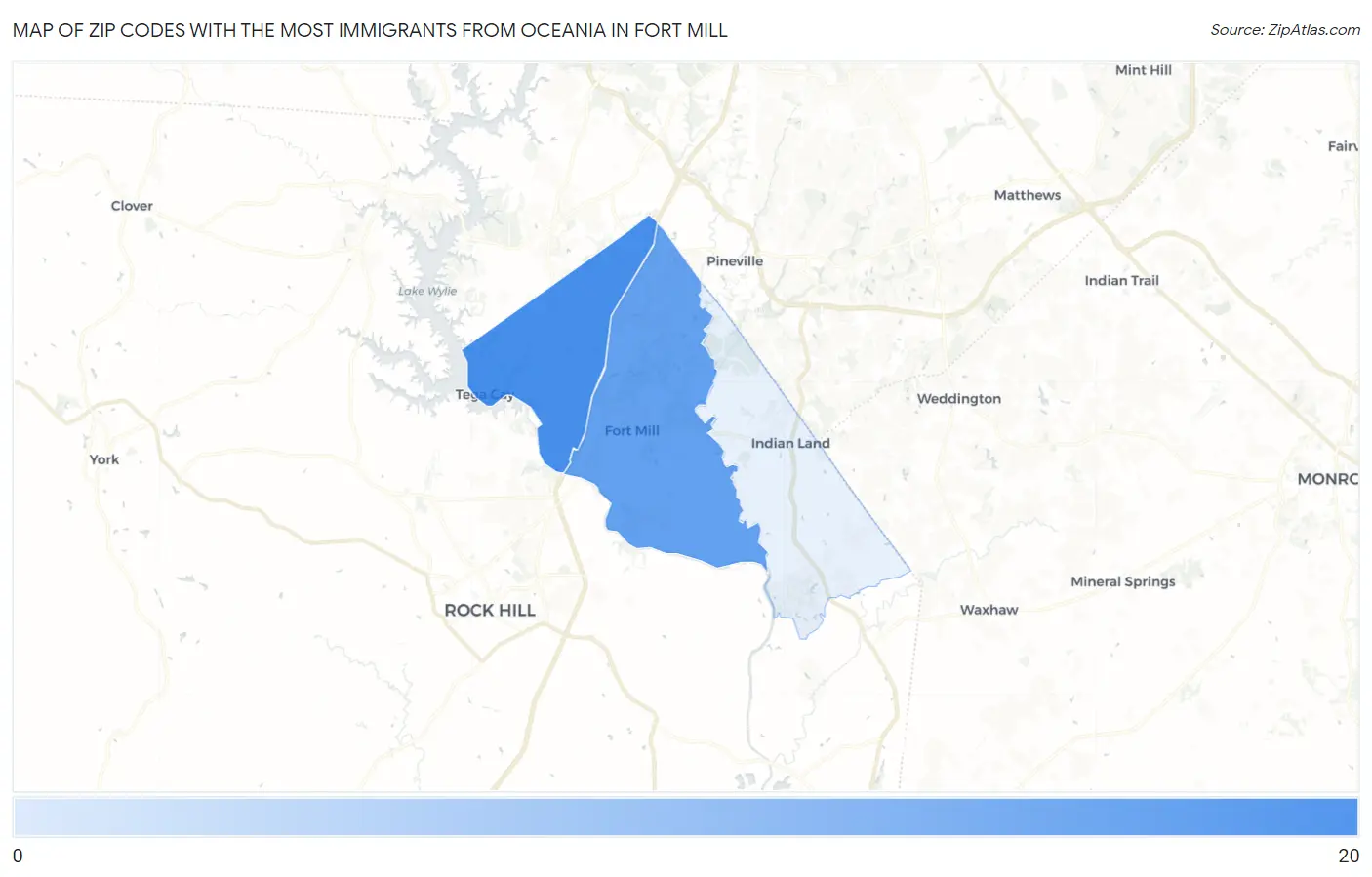 Zip Codes with the Most Immigrants from Oceania in Fort Mill Map