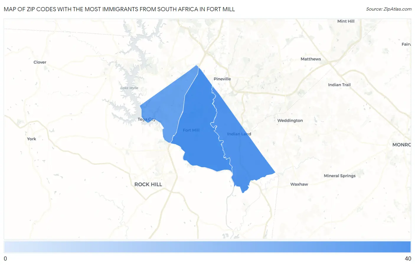 Zip Codes with the Most Immigrants from South Africa in Fort Mill Map