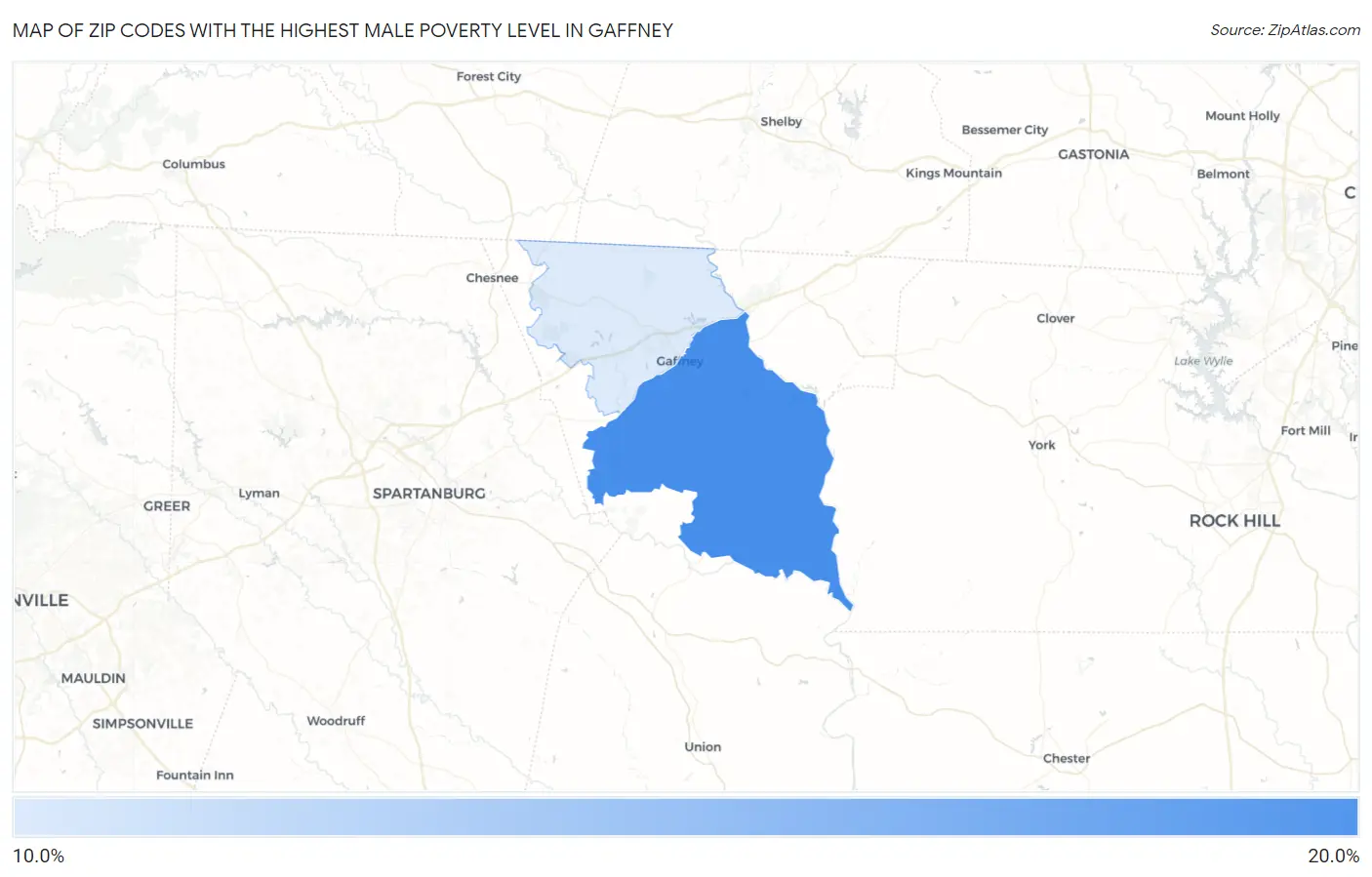 Zip Codes with the Highest Male Poverty Level in Gaffney Map