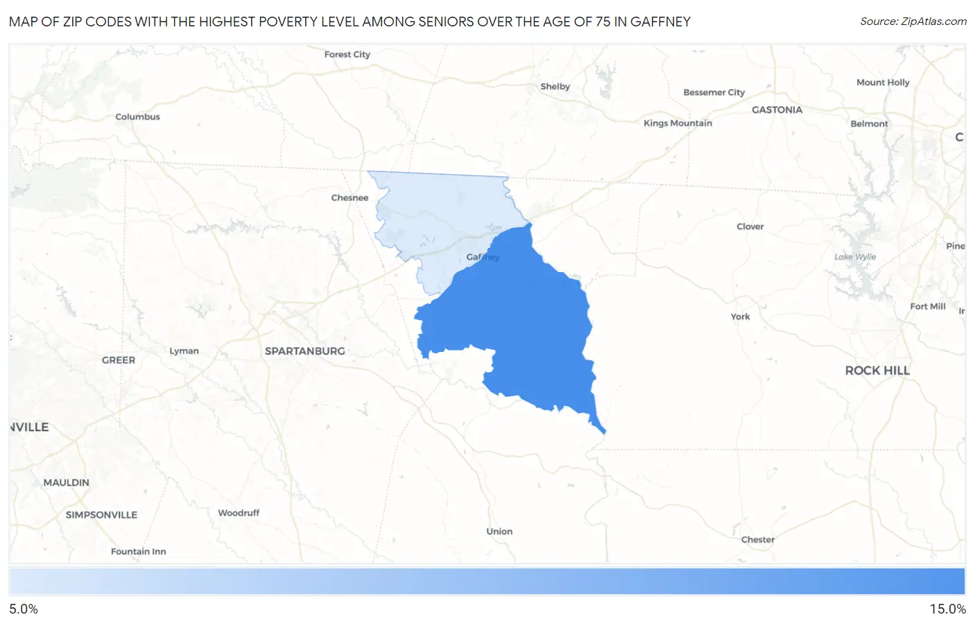 Zip Codes with the Highest Poverty Level Among Seniors Over the Age of 75 in Gaffney Map