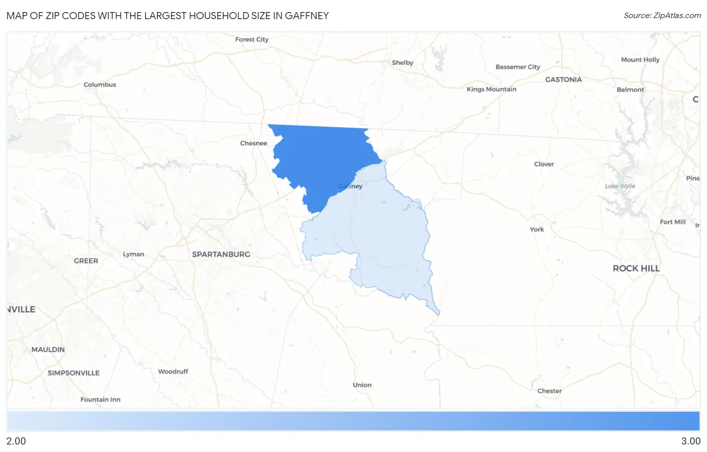 Zip Codes with the Largest Household Size in Gaffney Map