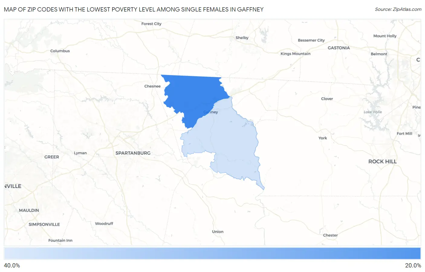 Zip Codes with the Lowest Poverty Level Among Single Females in Gaffney Map