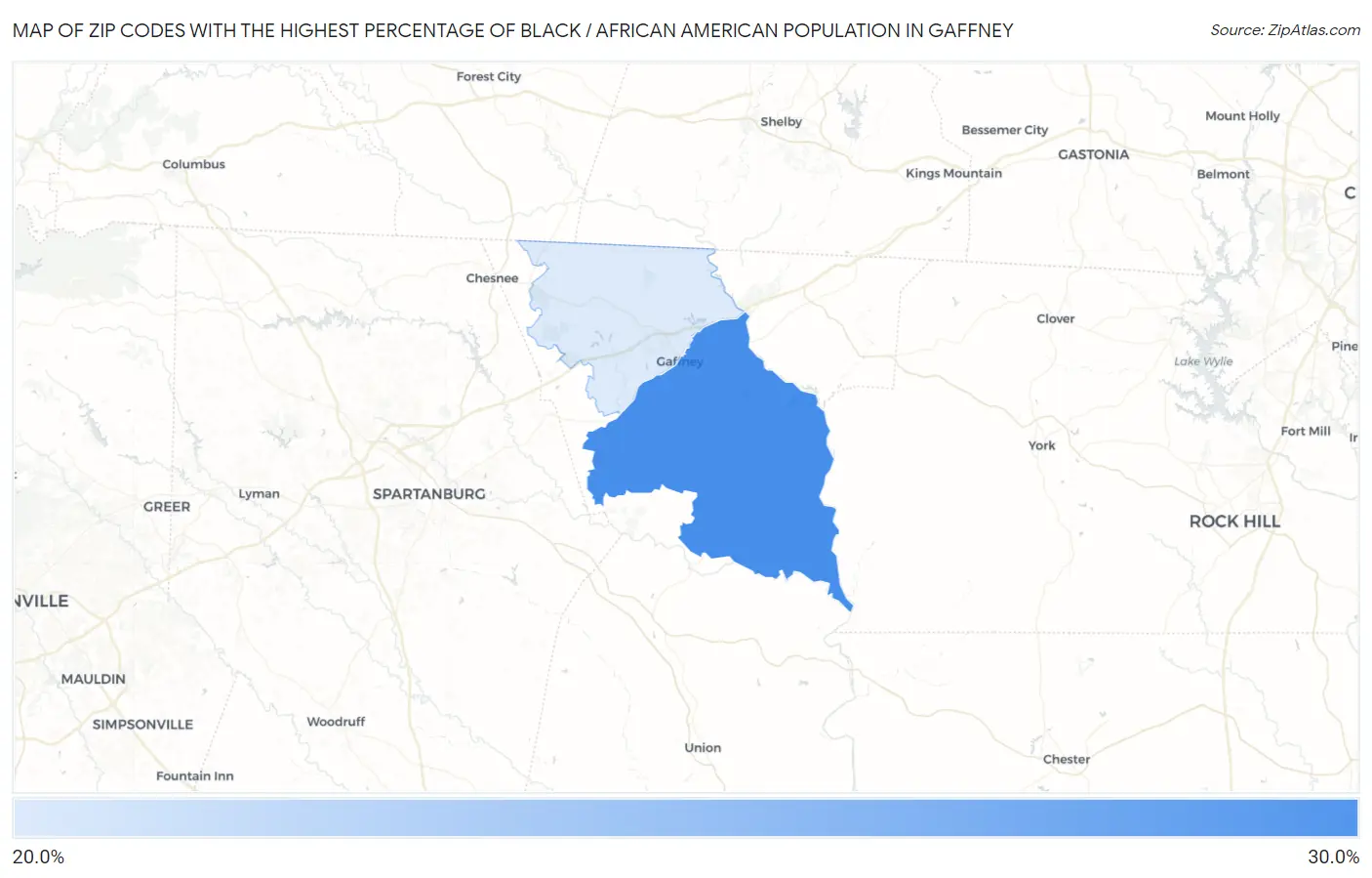 Zip Codes with the Highest Percentage of Black / African American Population in Gaffney Map
