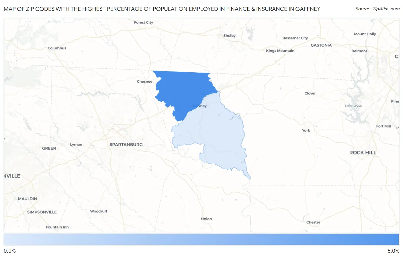 Zip Codes with the Highest Percentage of Population Employed in Finance & Insurance in Gaffney Map
