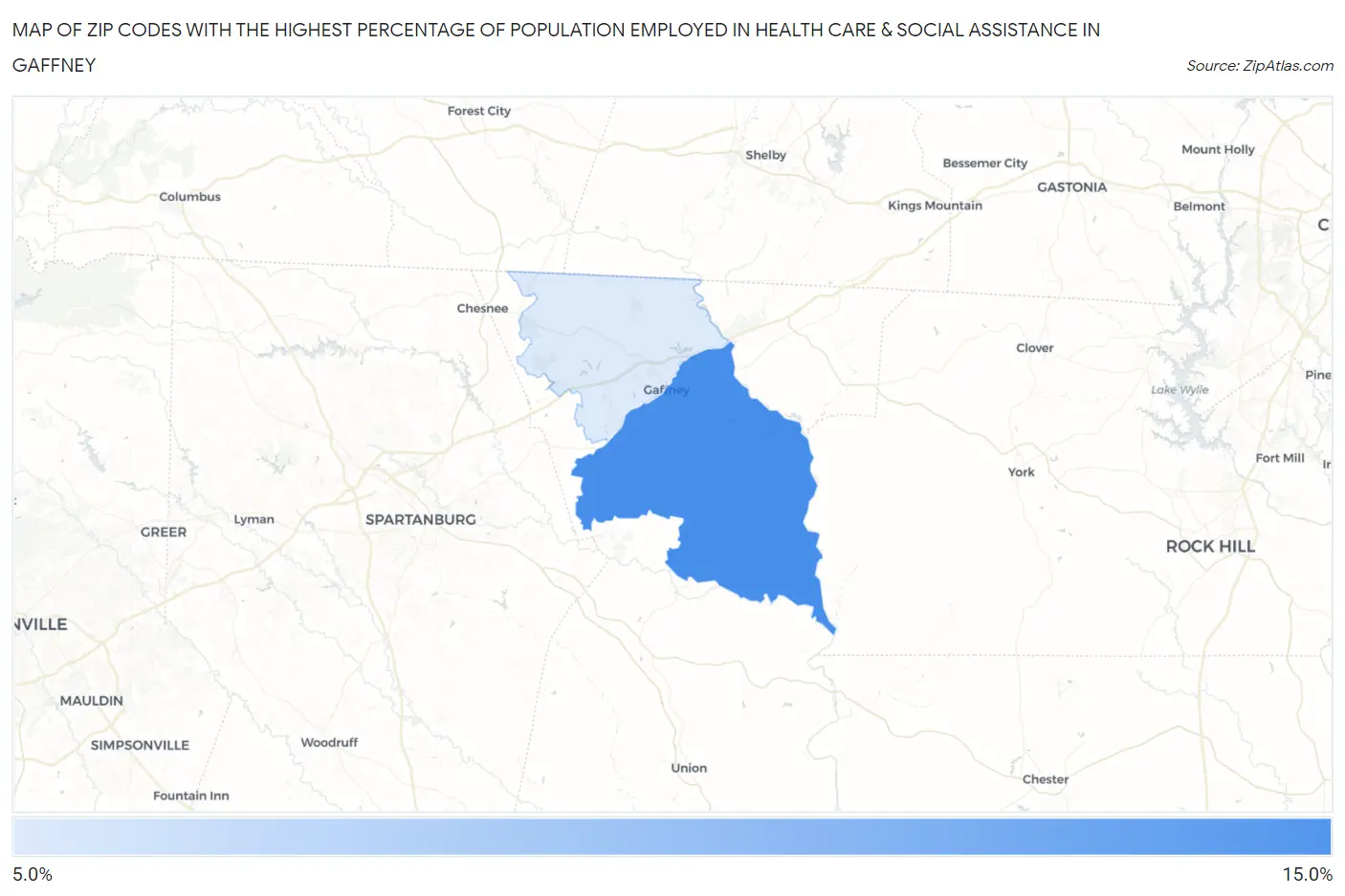 Zip Codes with the Highest Percentage of Population Employed in Health Care & Social Assistance in Gaffney Map