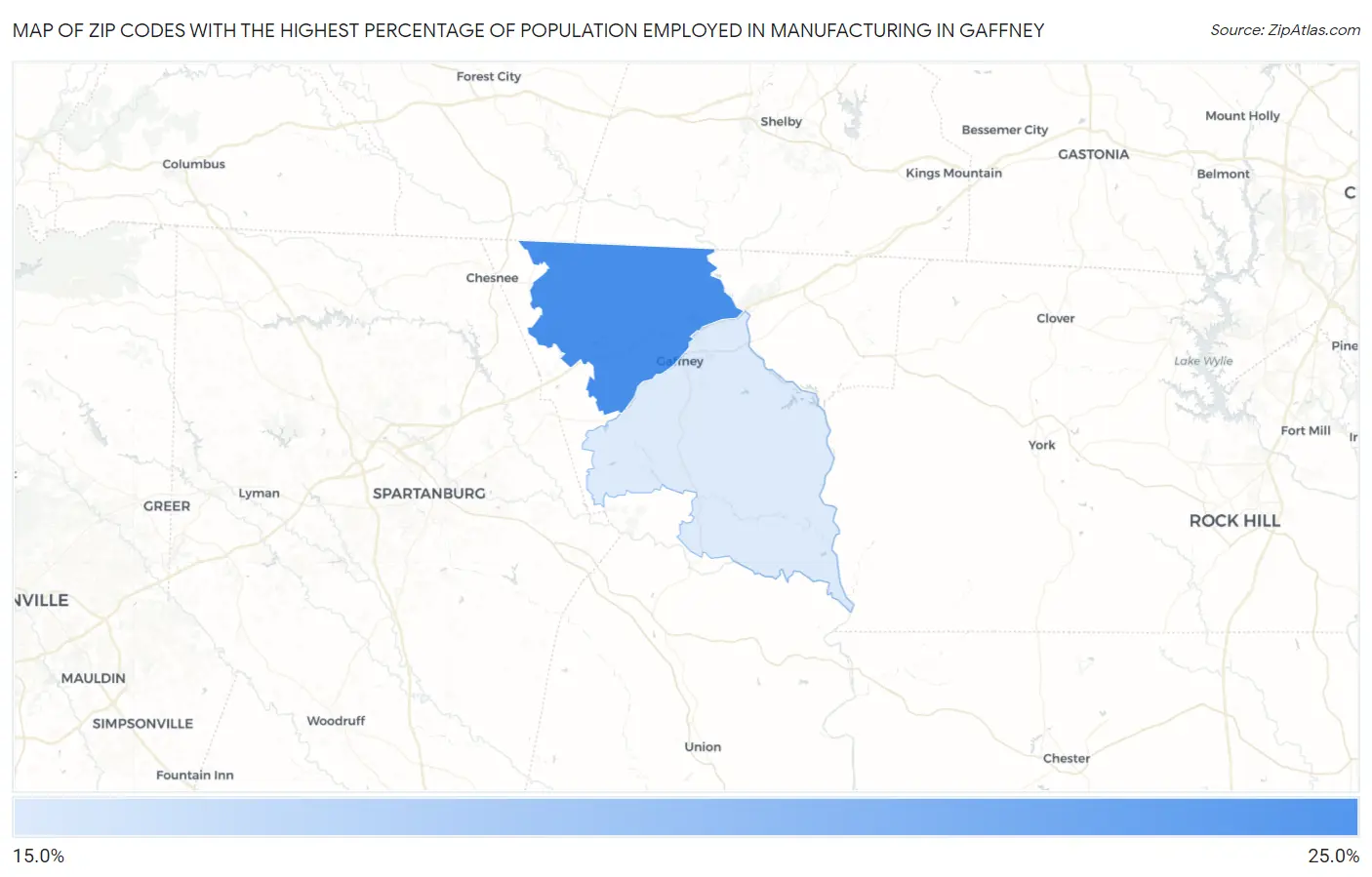 Zip Codes with the Highest Percentage of Population Employed in Manufacturing in Gaffney Map