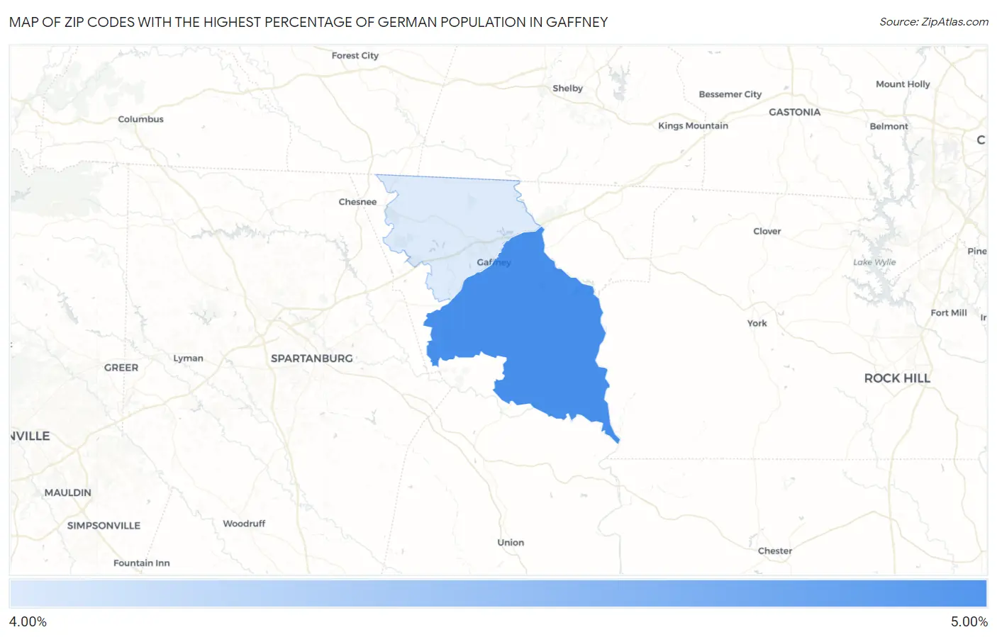 Zip Codes with the Highest Percentage of German Population in Gaffney Map