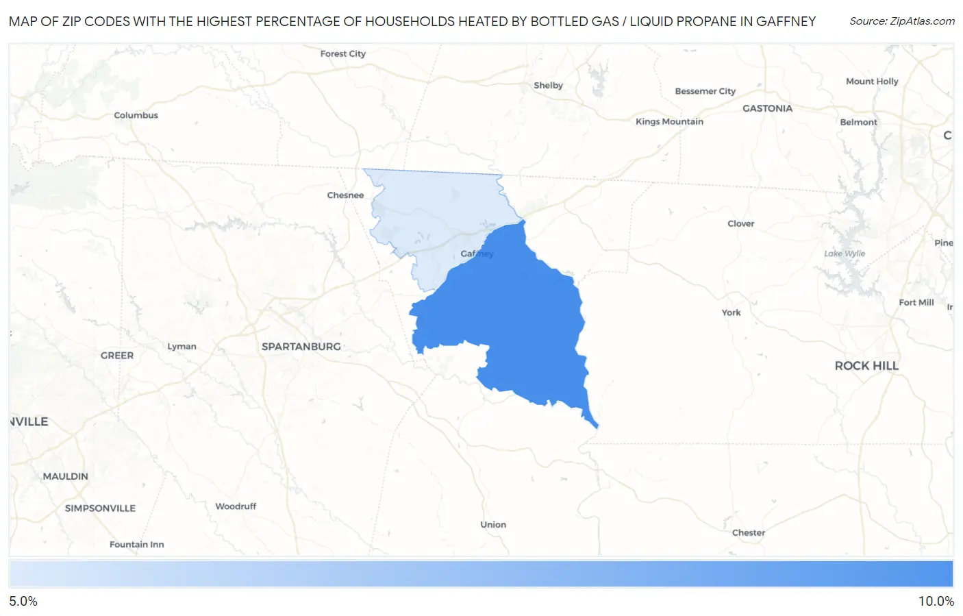 Zip Codes with the Highest Percentage of Households Heated by Bottled Gas / Liquid Propane in Gaffney Map