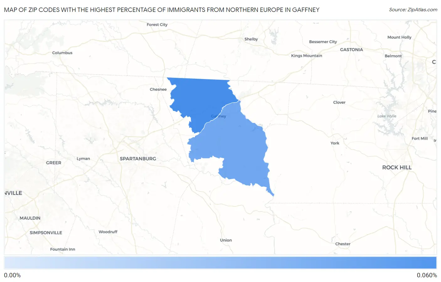 Zip Codes with the Highest Percentage of Immigrants from Northern Europe in Gaffney Map