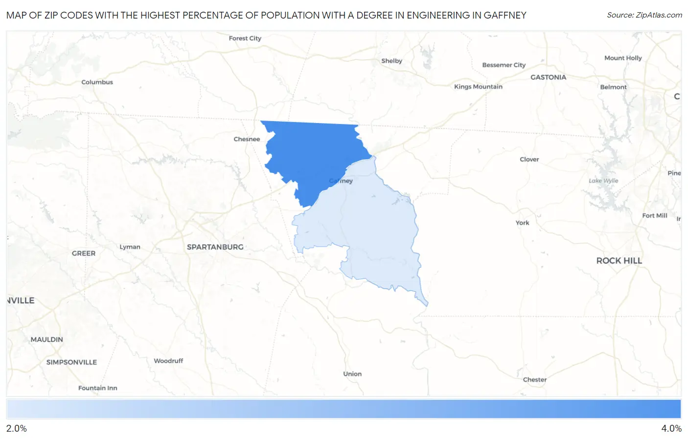 Zip Codes with the Highest Percentage of Population with a Degree in Engineering in Gaffney Map