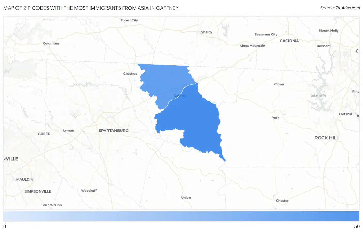 Zip Codes with the Most Immigrants from Asia in Gaffney Map