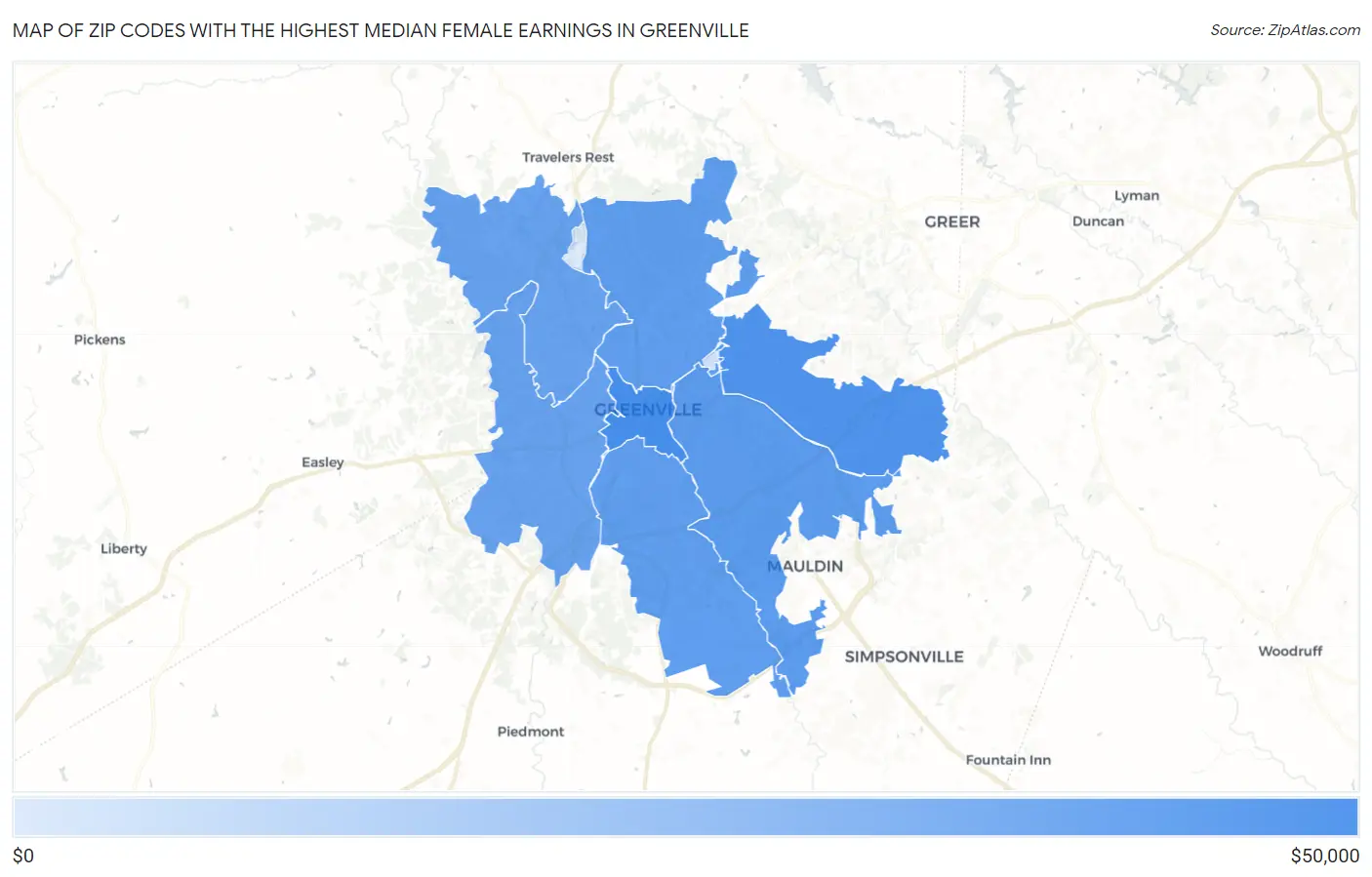 Zip Codes with the Highest Median Female Earnings in Greenville Map