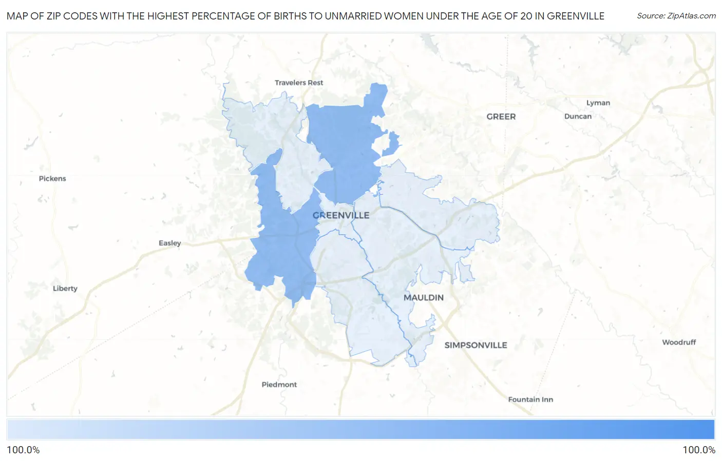Zip Codes with the Highest Percentage of Births to Unmarried Women under the Age of 20 in Greenville Map