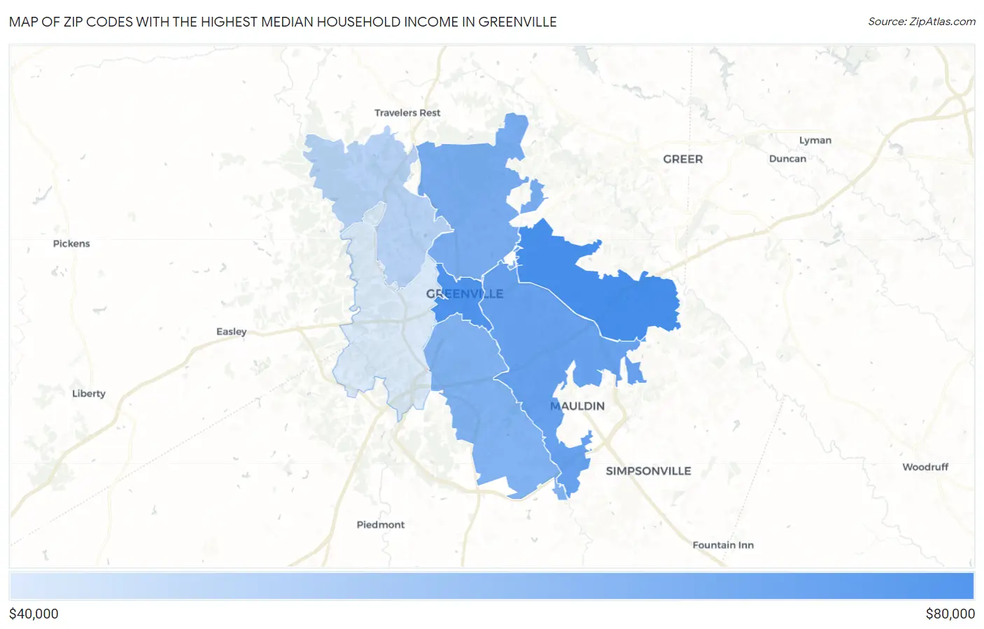 Zip Codes with the Highest Median Household Income in Greenville Map