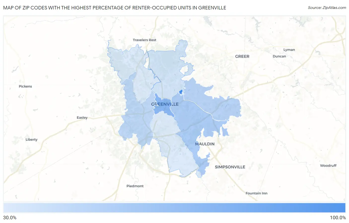 Zip Codes with the Highest Percentage of Renter-Occupied Units in Greenville Map